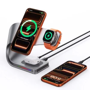 4 in 1 Magnetic Wireless Charger Stand, 15W Fast Charging Station Metal Shell Dock for iPhone 12-17, Apple Watch & AirPods